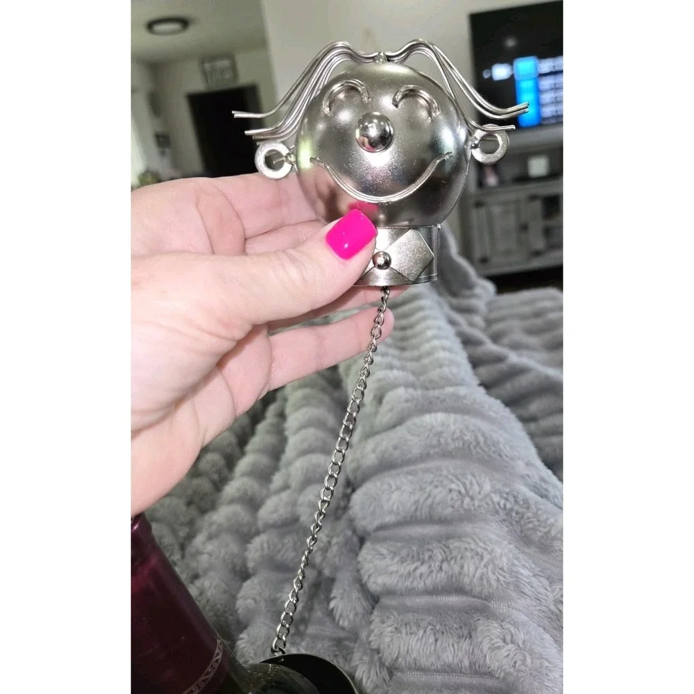 Metal Wine Bottle Holder Whimsical Figure Reading to Child Industrial Art Silver